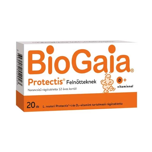 BIOGAIA PROTECTIS RÁGÓTABLETTA D-VITAMINNAL FELNŐTTEKNEK NARANCS ÍZŰ 20X