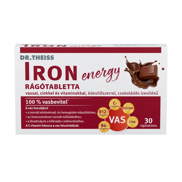 DR. THEISS IRON ENERGY RÁGÓTABLETTA VASSAL, CINKKEL ÉS VITAMINOKKAL, CSOKOLÁDÉ ÍZBEN 30X