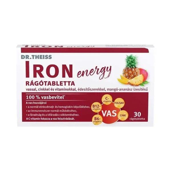 DR. THEISS IRON ENERGY RÁGÓTABLETTA VASSAL, CINKKEL ÉS VITAMINOKKAL, MANGÓ-ANANÁSZ ÍZBEN 30X