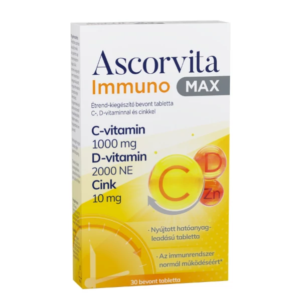 ASCORVITA IMMUNO MAX ÉTREND-KIEGÉSZÍTŐ BEVONT TABLETTA C-, D-VITAMINNAL és CINKKEL 30X