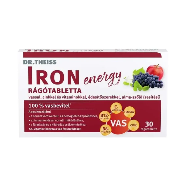DR. THEISS IRON ENERGY RÁGÓTABLETTA VASSAL, CINKKEL ÉS VITAMINOKKAL, ALMA-SZŐLŐ ÍZBEN 30X